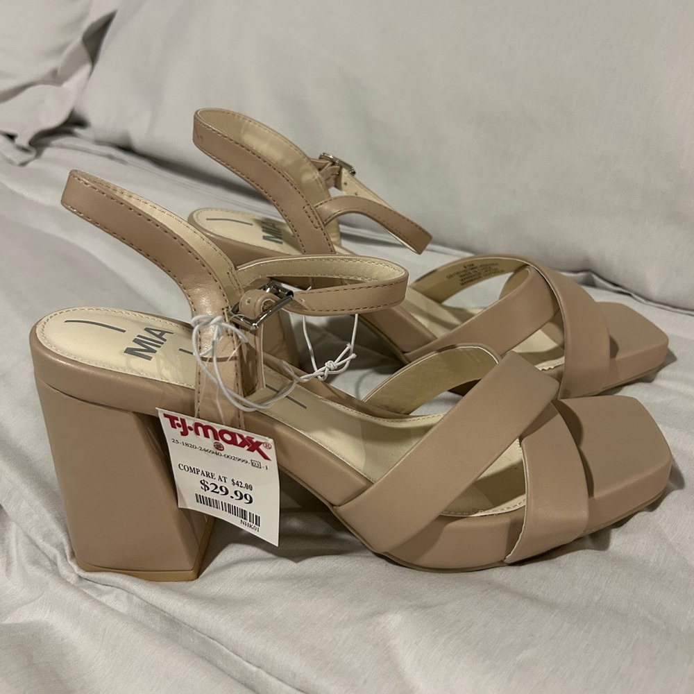 MIA Beige Strappy Block Heels